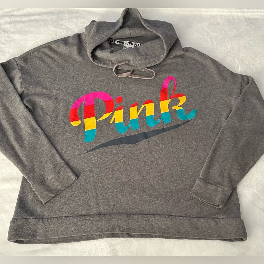 Victoria's Secret PINK Heather Gray Rainbow Logo Cowl Neck Sweatshirt Size Large